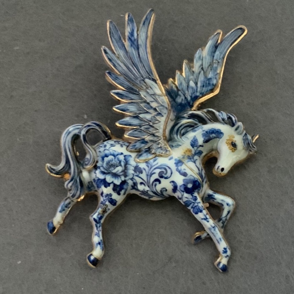 Vintage Pegasus Brooch Blue White Floral Chinoiserie Winged Horse Gold Tone Pin
